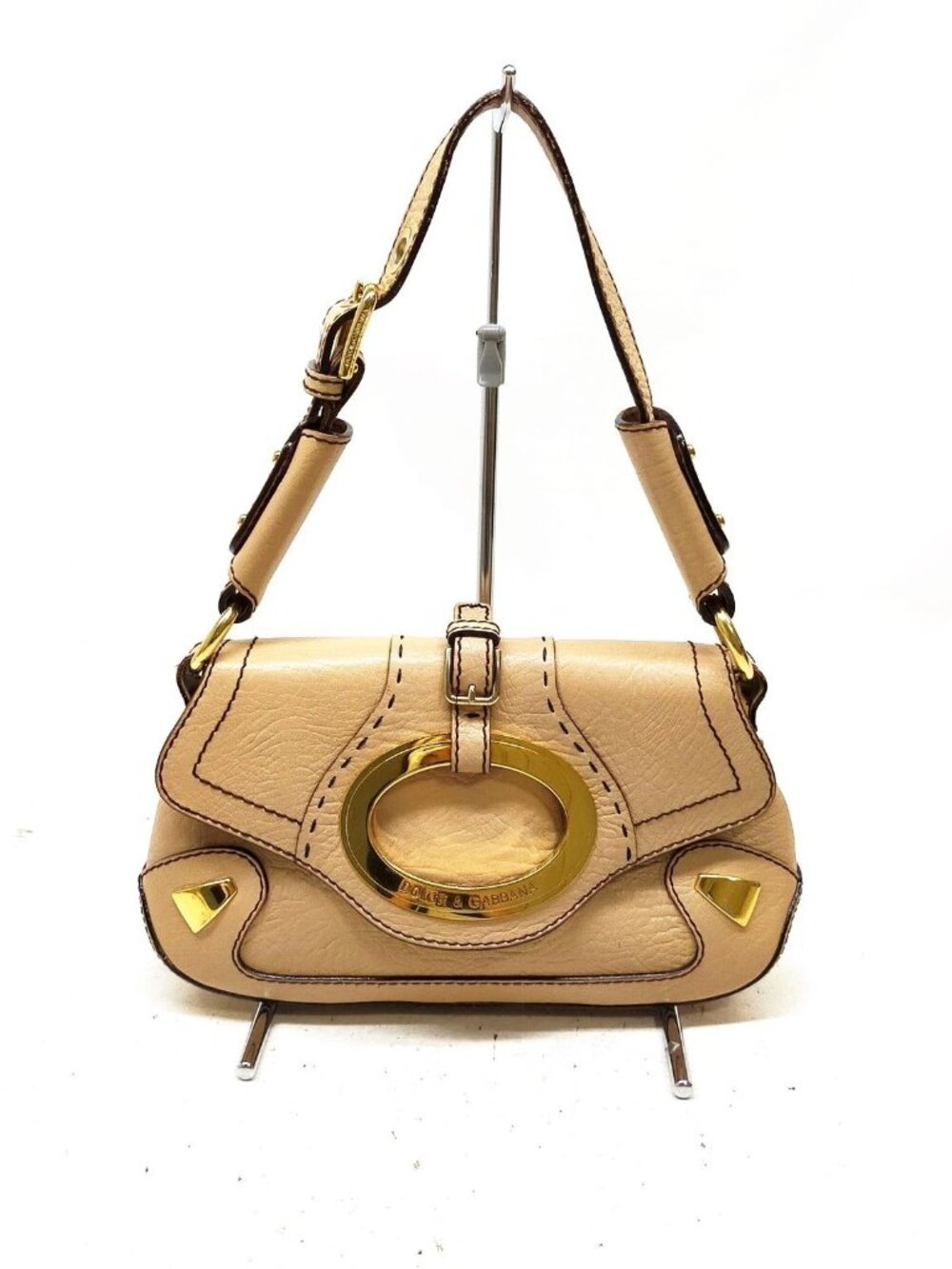 Dolce & Gabbana Vintage Y2K D-Ring Shoulder Bag Beige Leather Gold Hardware